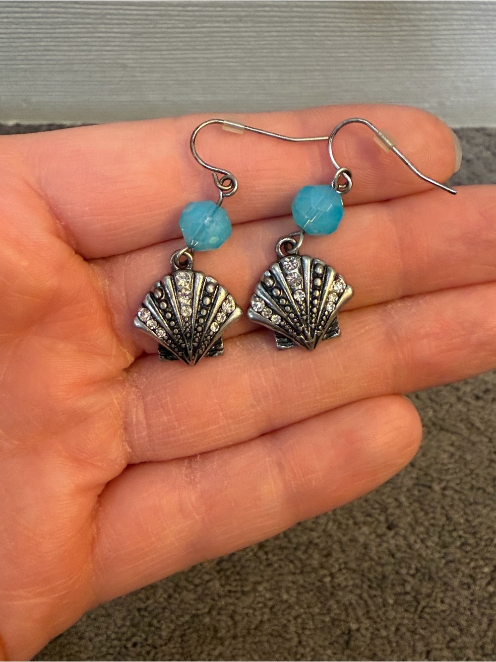 Turquoise Bead & Silver Shell Drop Earrings - Women Jewelry